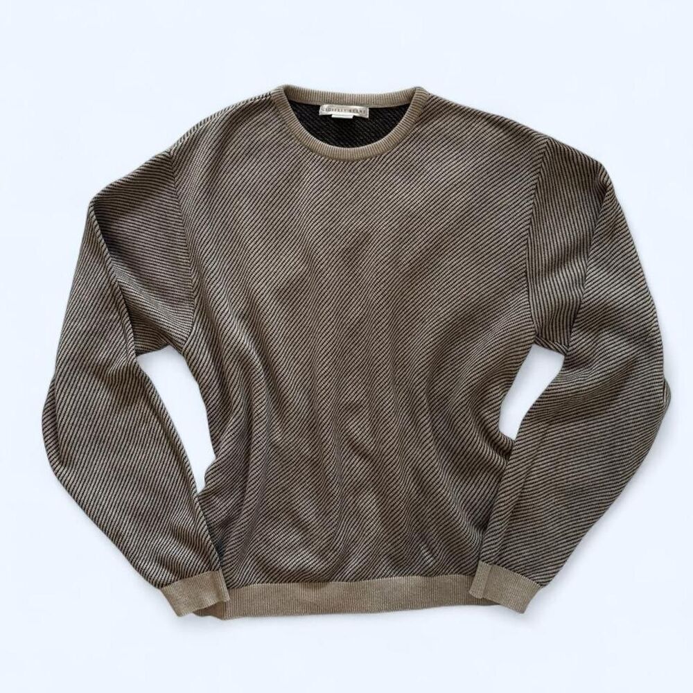Vintage Geoffrey Beene Men's Tan and Black Striped Cotton Sweater